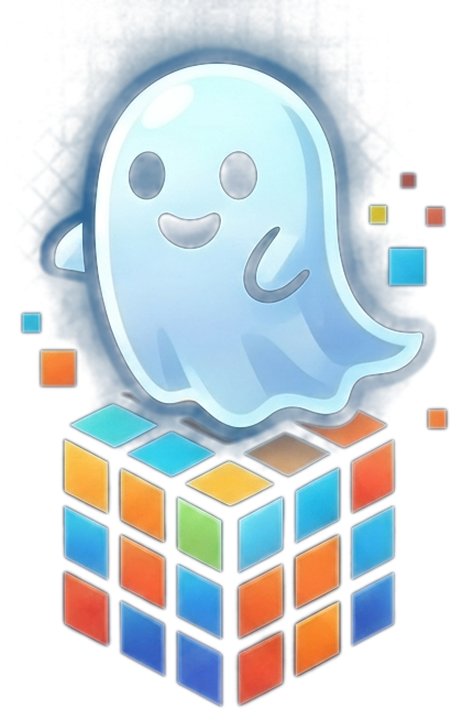The GhostBlox ghost floating above a colorful block cube